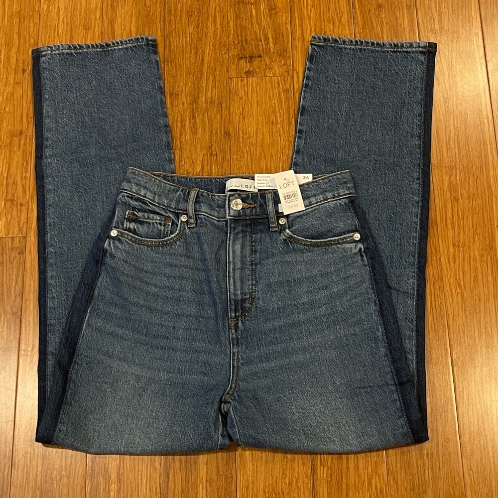 LOFT straight denim jeans with dark blue side stripes 24”